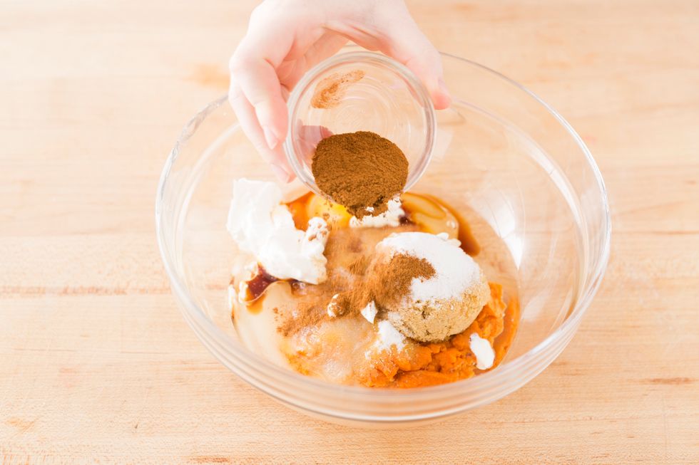 And finally add your spices: cinnamon, pumpkin spice + nutmeg.