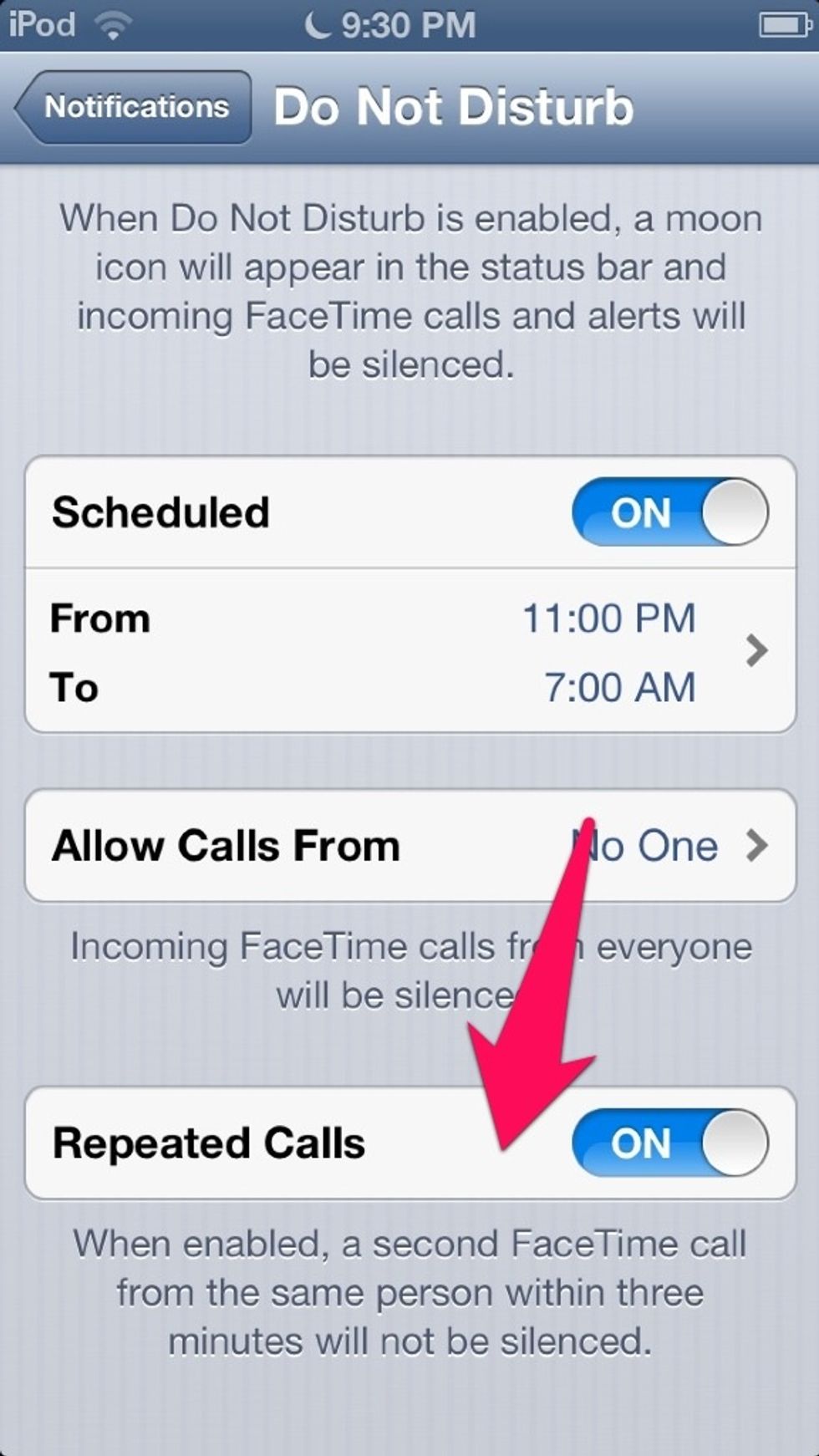 And finally, choose if you want repeated calls to come through. That way, people can contact you if it's an emergency. Or if their just really excited to call you at 3 in the morning.