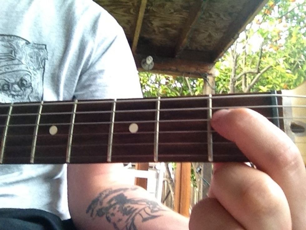 And finally for the walk down fourth string on the first fret while playing third, second, and first open. This walk down is followed by a barred C minor which I will show you next.