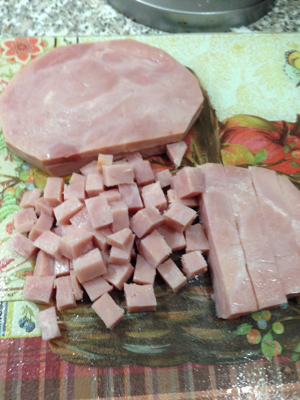 And finally it's time to chop the ham into bite sized cubes.