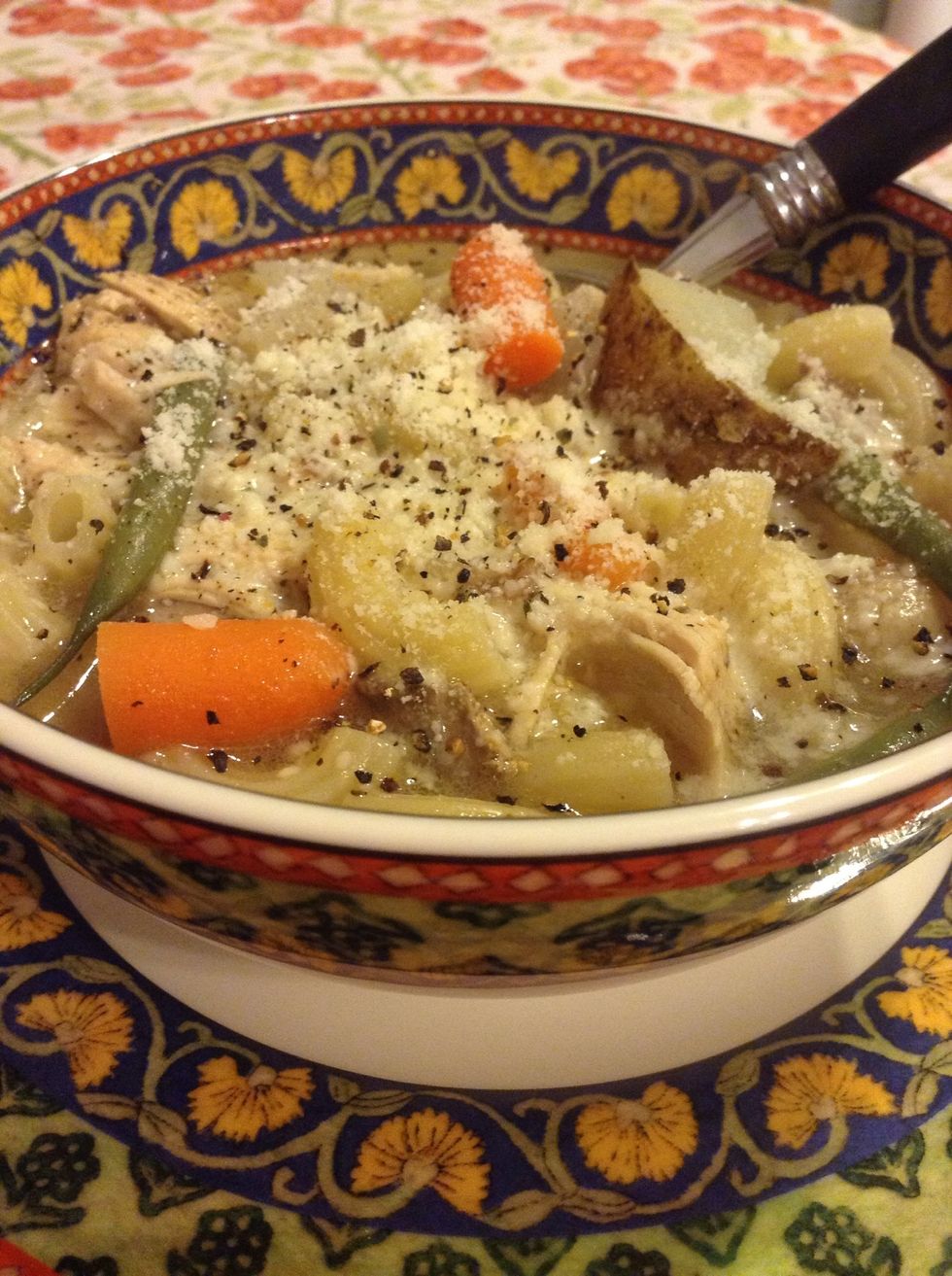 ...and freshly ground pepper. That's it! Quick, easy, delicious and reputed to cure anything. Great for lunch or dinner. And way better tasting & better for you than canned soup. Enjoy!