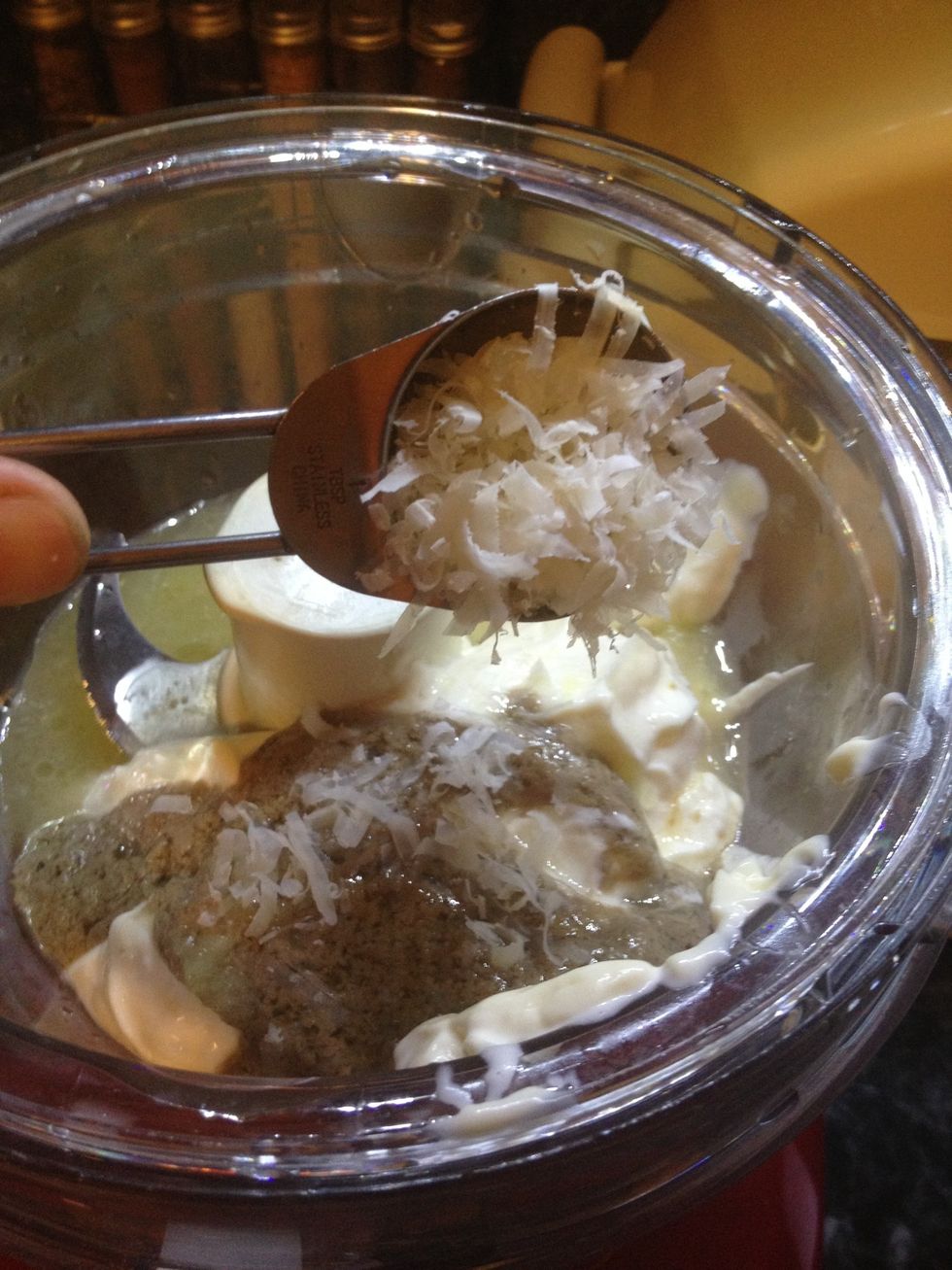 And last but not least the Parmesan cheese . Add pepper and taste for salt.