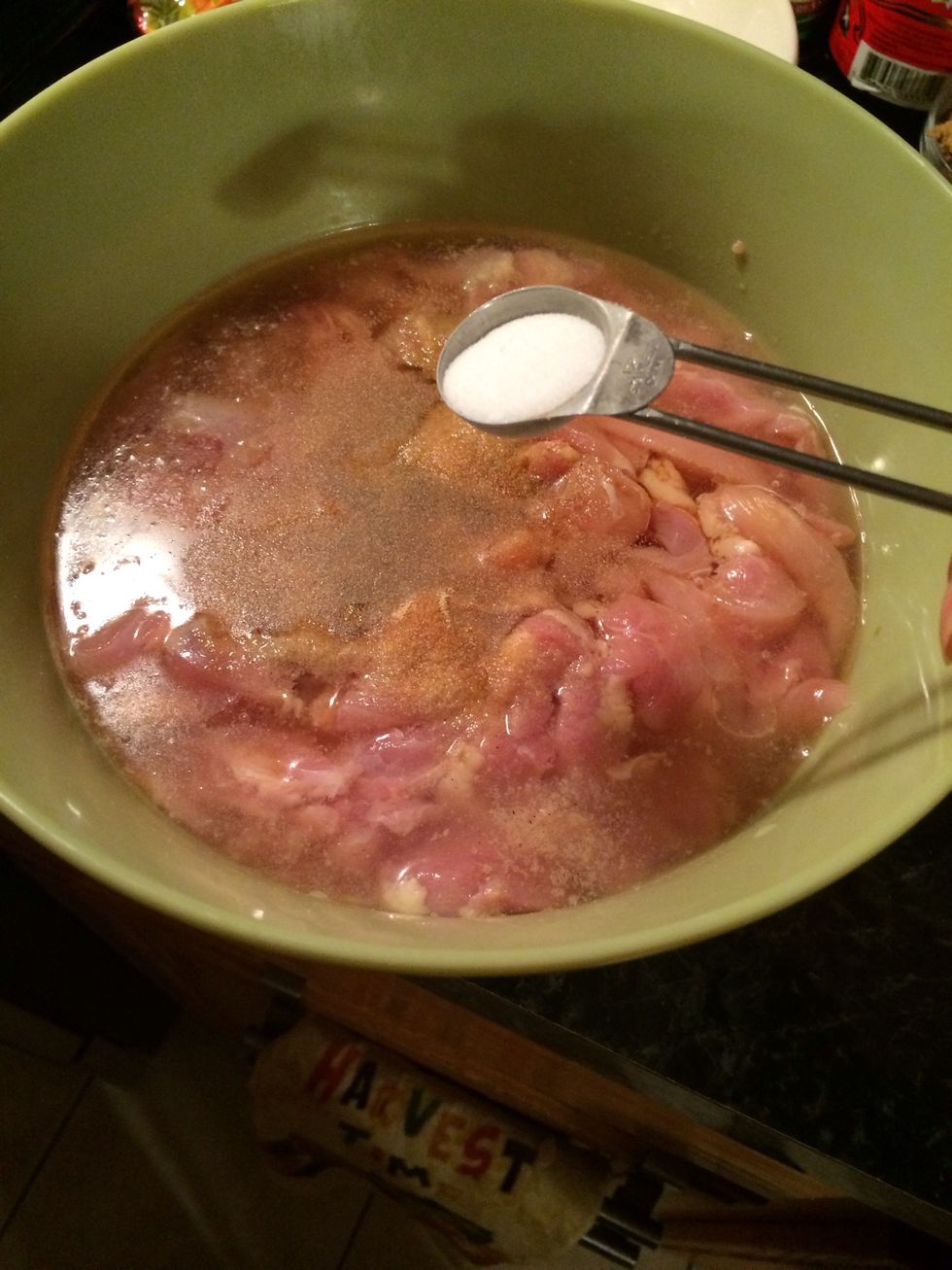 And lastly the baking soda. DO NOT skip this step. The baking soda will help tenderize the chicken, you will not taste it, I pinky promise.\u263a\ufe0f