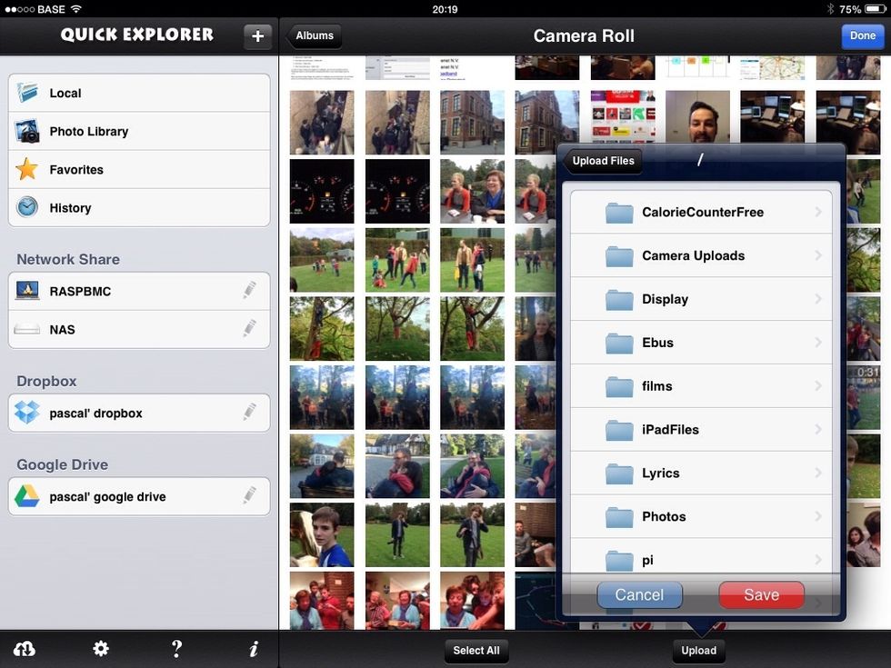 and navigate to the folder you want to upload it to. Click the red button "save" to start the upload.