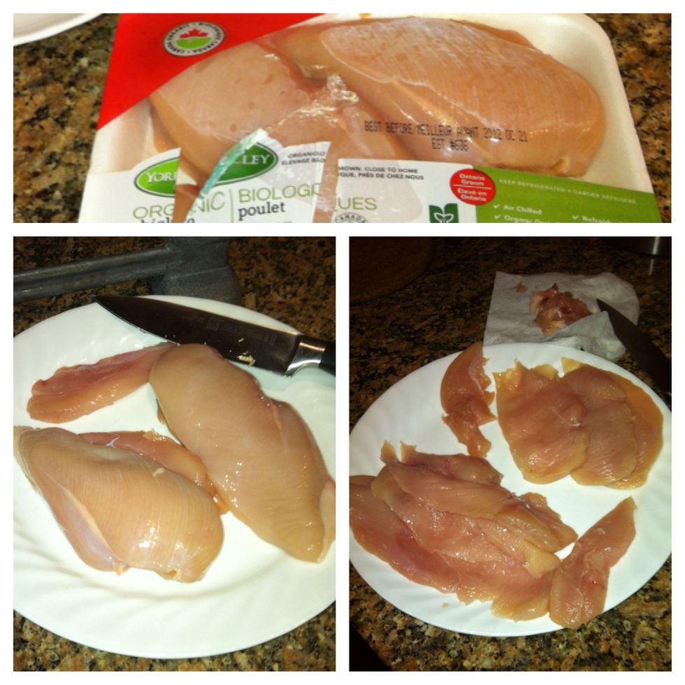 And now for the star of the show... The chicken. Clean it well and filet each breast into 3-4 slices.