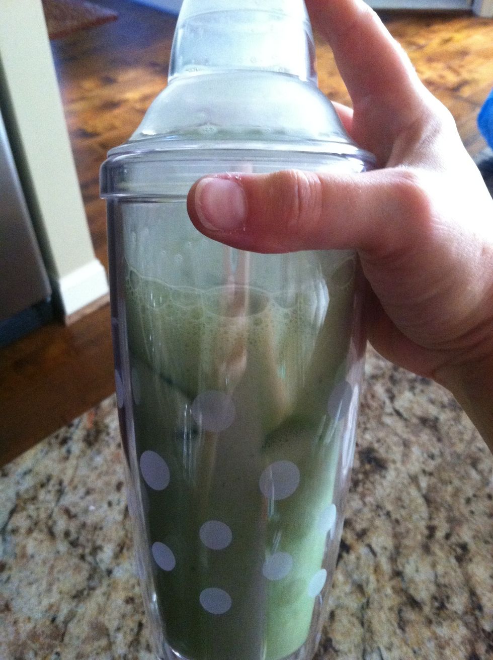 And now it's time to get your groove on!! Put the lid on your shaker and shake, shake, shake! You'll want to shake until the powder is totally dissolved and incorporated into the milk.