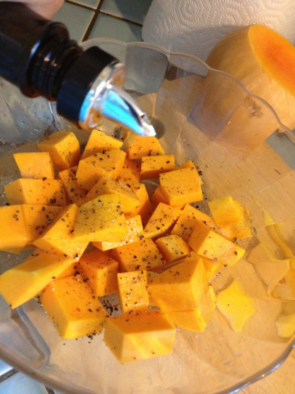 and olive oil. Toss in any other spices that you especially like (see the supplies list for some of the optional spices and herbs that can be used with butternut squash).
