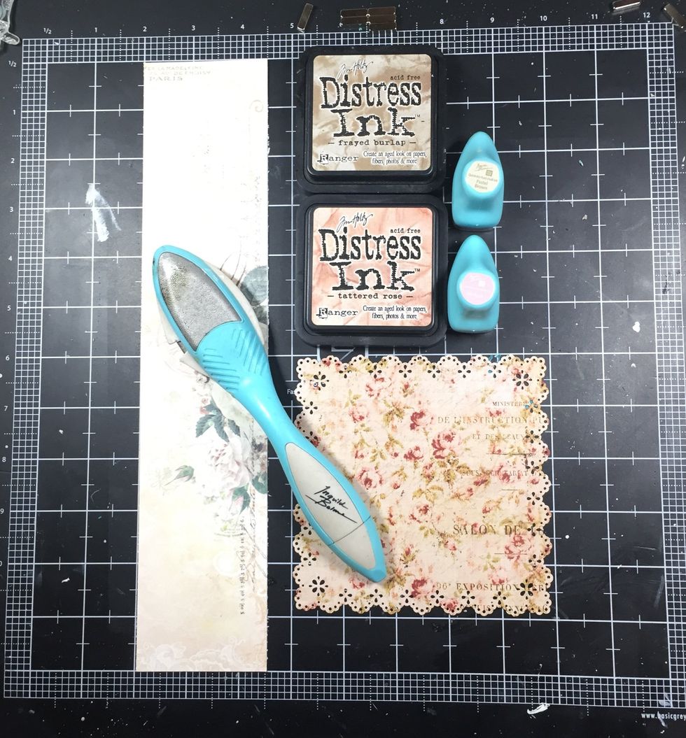 And pinks for my pinkish papers, using Distress Tattered Rose and Old Rose chalk. The square is 5X5 and I used a Martha Stewart punch around the page. The rectangle is 12X2.5 inches.