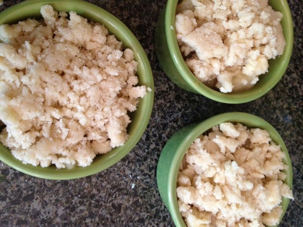 And place the crumbs that we made previously on top. Pre heat oven to 375