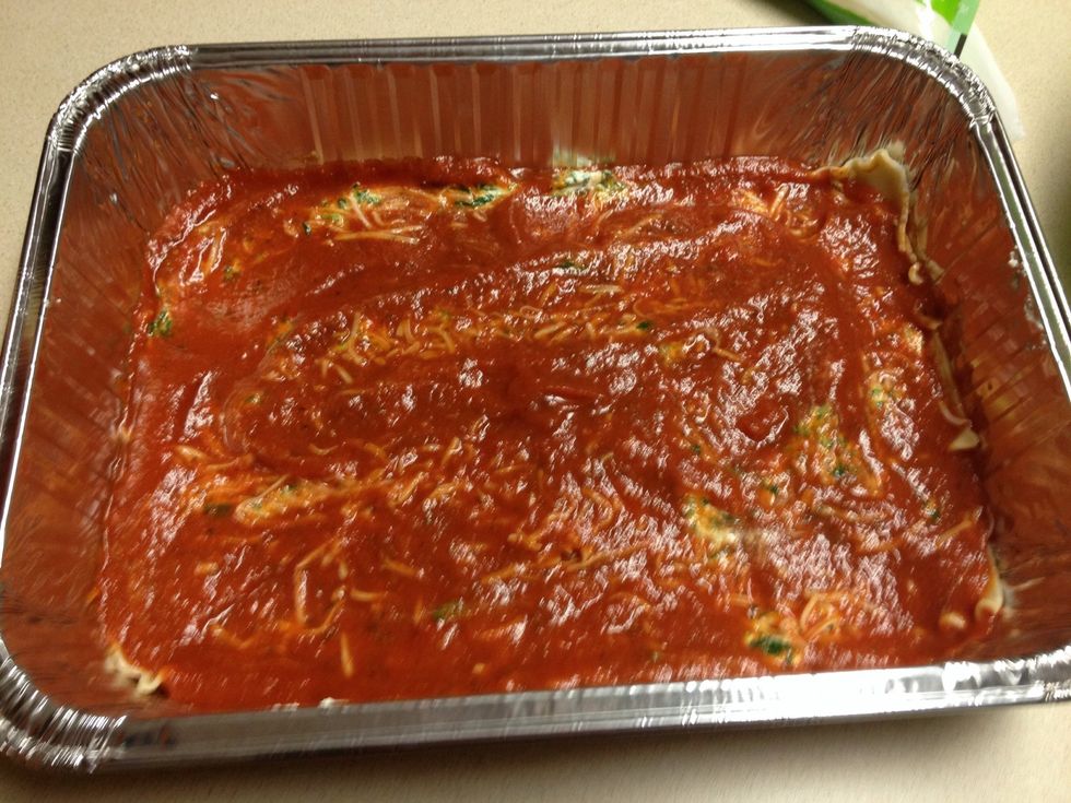 And sauce! Repeat all layering steps until you have three layers ending in a fourth layer that is just the pasta and then sauce (no cheese for the fourth layer)