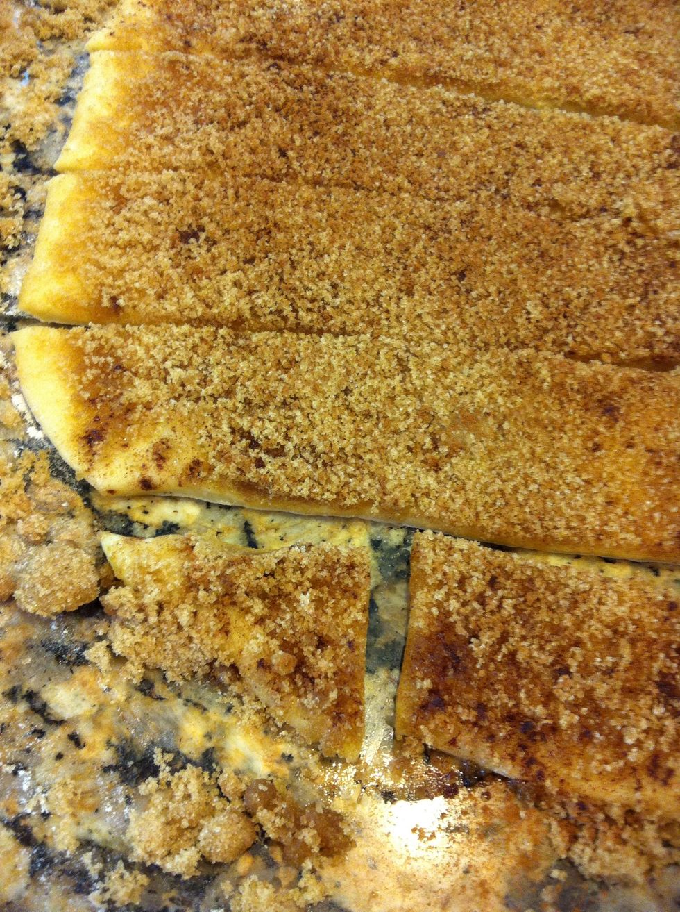 And start to cut long strips. Then each strip cut into bite size pieces