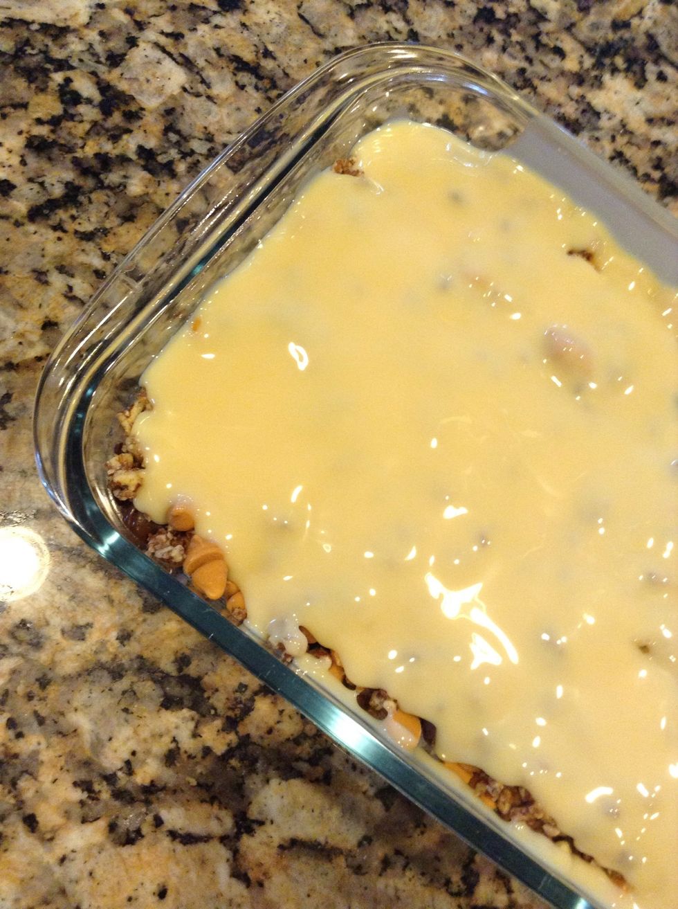 And the last layer, sweetened condensed milk. Pour the whole can on top