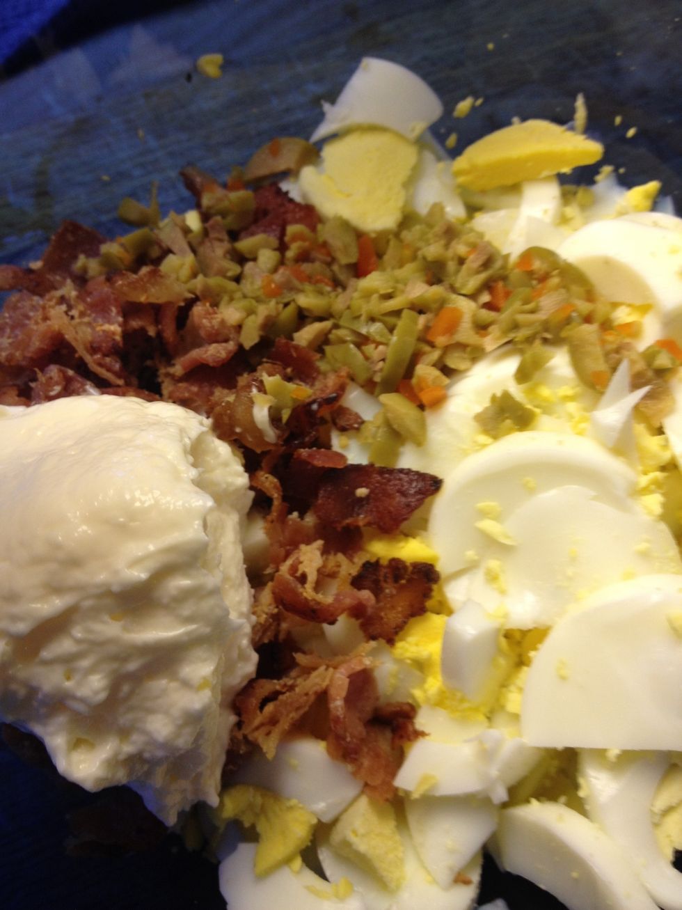 And the olives (or relish) and a heaping table spoon of mayonnaise