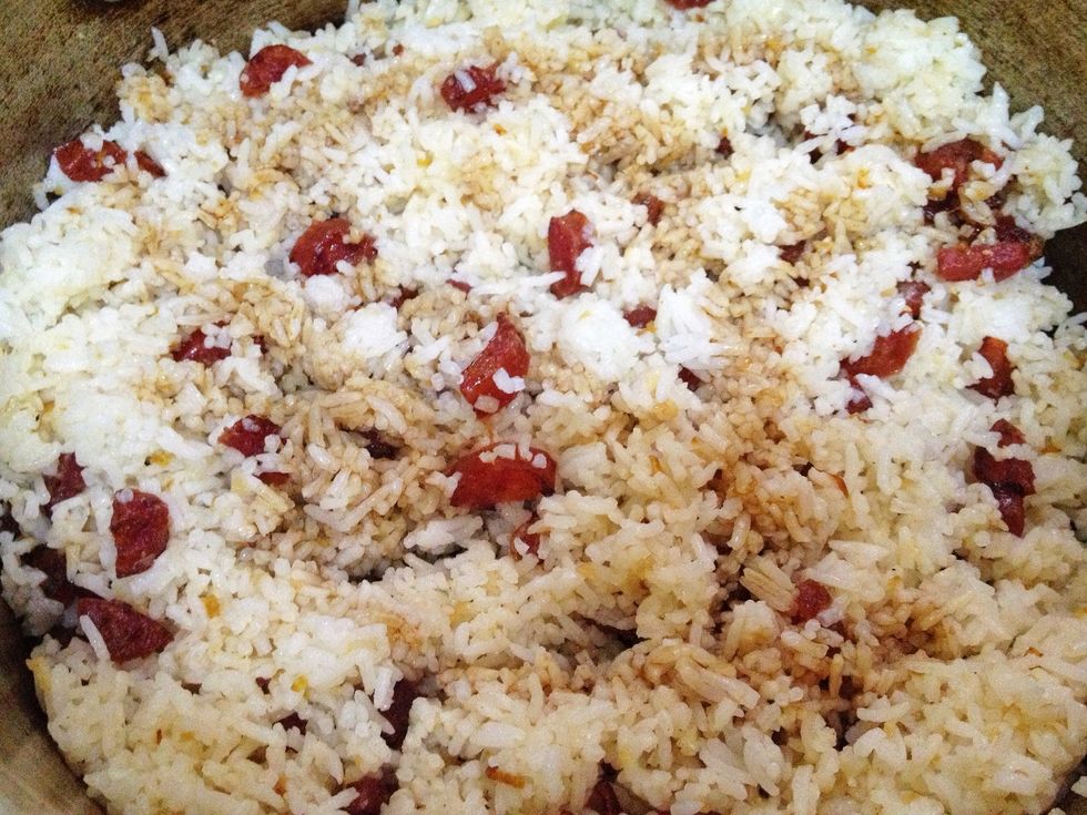 and the soy/barbecue sauce. mix again until rice is evenly coated with the sauce