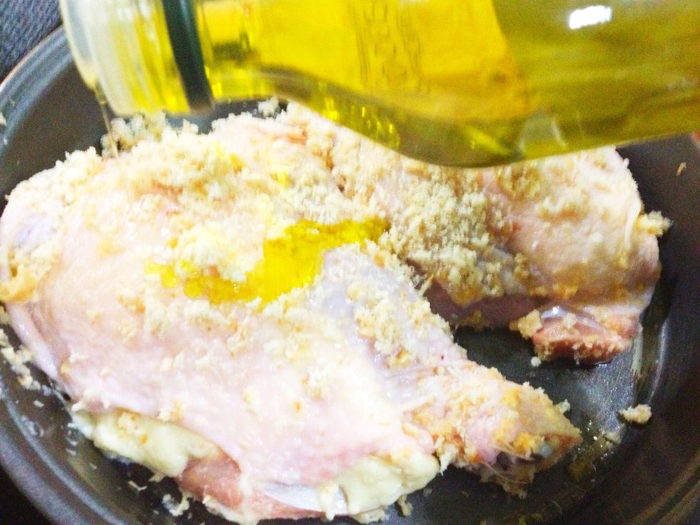 And then add a dash of olive oil on each chicken to help them with browning :) pop them into your oven. If you're setting it on grill mode; 300F, 35-45 mins. If baking mode; 350F, 40-50 minutes.