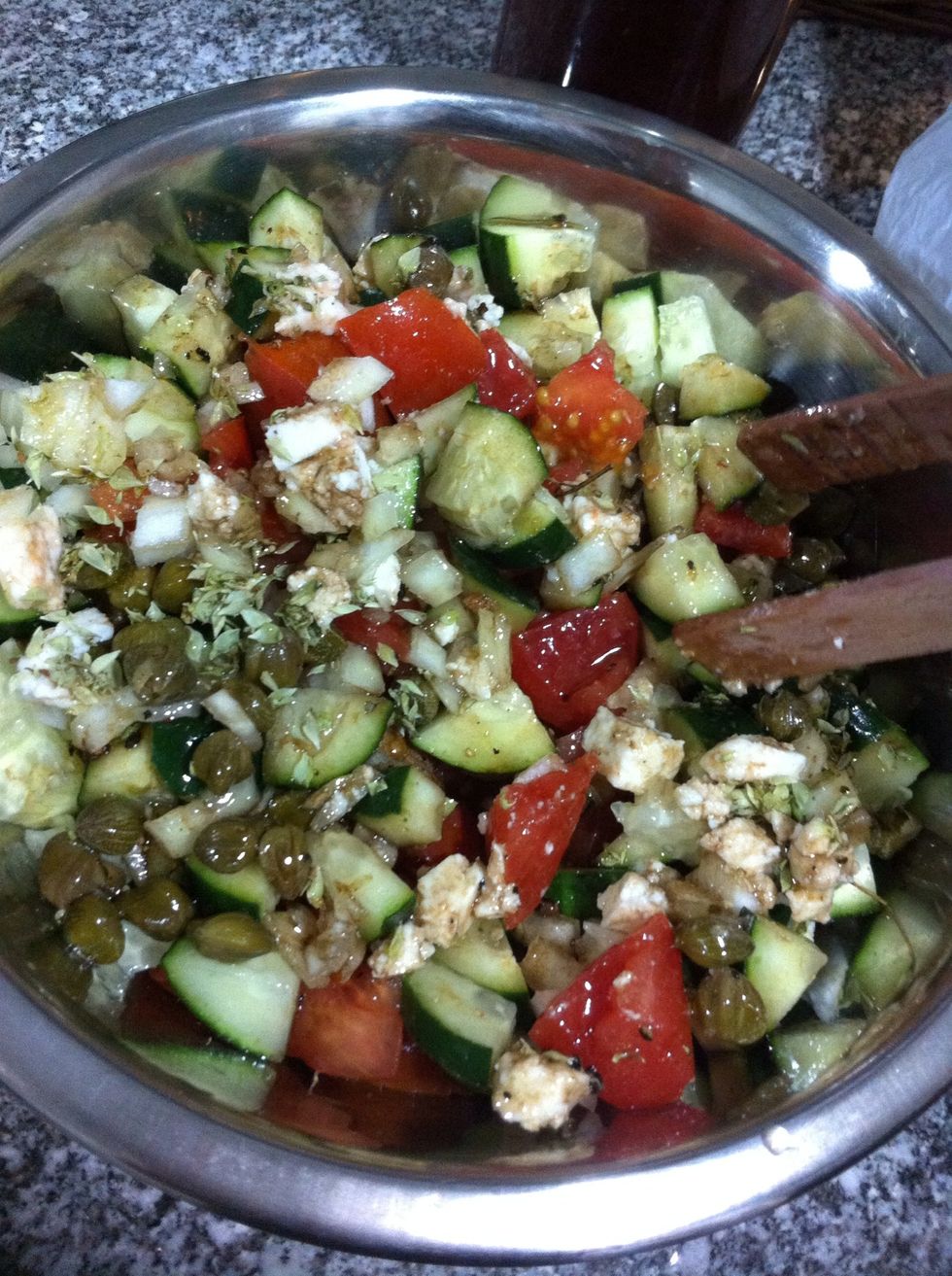 And then start digging for your bread. Mix everything so it's all coated