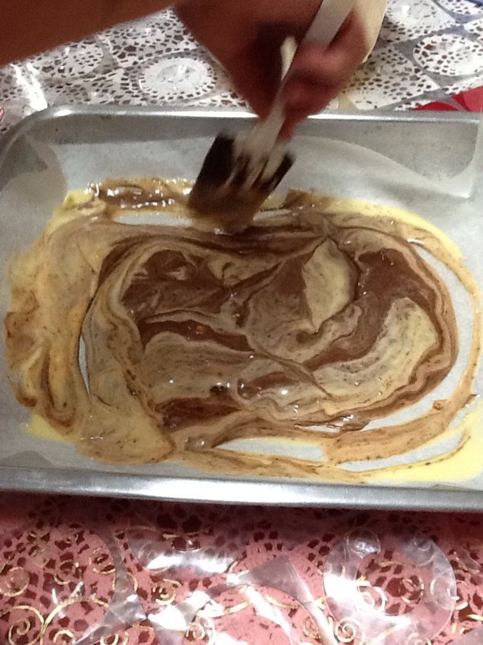 And then you get a knife and mix it both together until it's mixed well enough to cook.