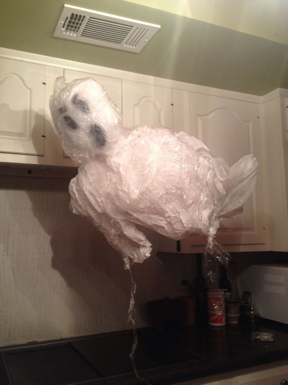 And there you are. Your very own upgraded trash bag ghost! Total time per ghost if you do assembly line style is about 15 minutes. Happy Hollowsweenies!!!