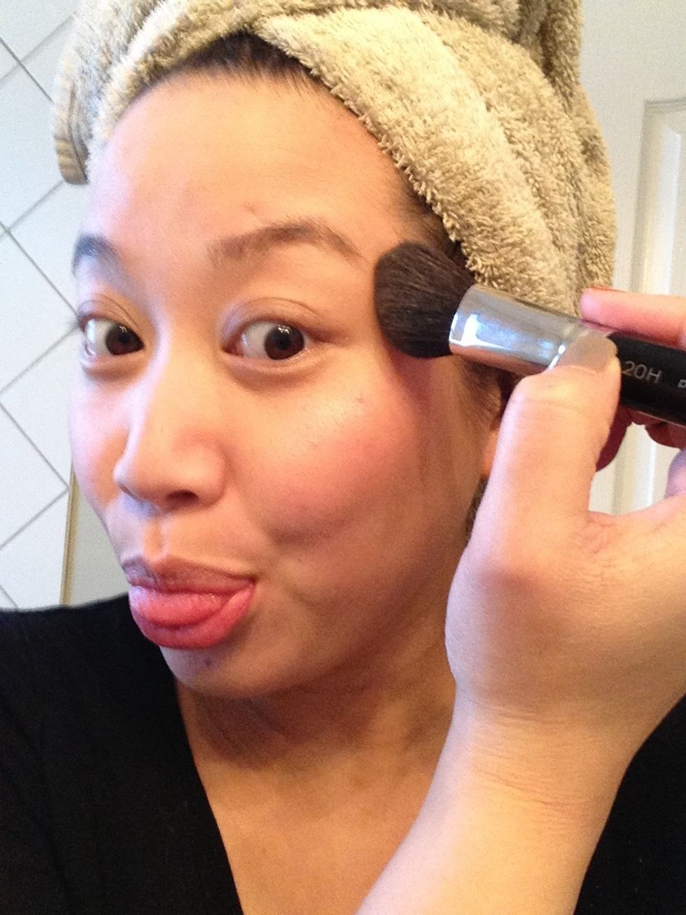 ... And up towards the temples. Don't be shy. A nude lip can wash you out so you have to put the colour elsewhere on the face to make you look healthy and not like a zombie ...