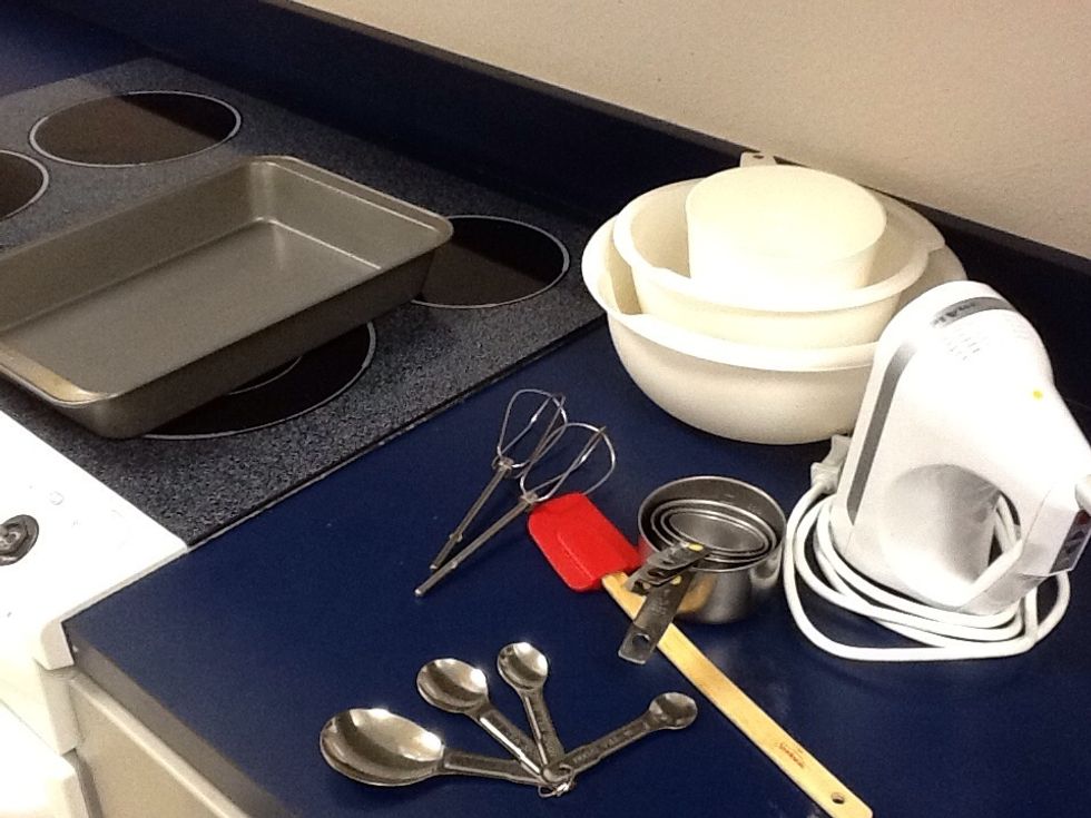 And utensils, two mixing bowls( one large one small), measuring cups, rubber spatula, electric hand mixer, measuring spoons,