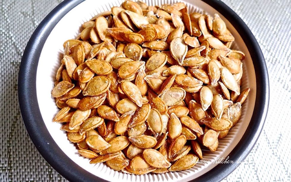 And you're done! These crispy toasted pumpkin seeds can be eaten whole or crack to remove the inner seed.