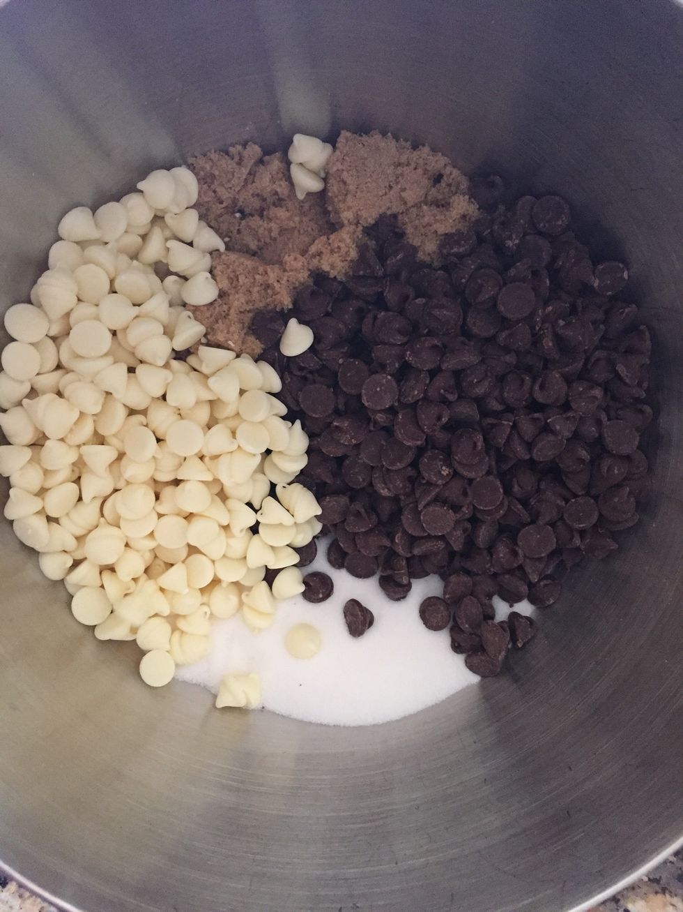 And your chocolate chips. I used white and semi sweet as that's my daughters favorite. She is the one in the family w the gluten sensitivity. About a cup each