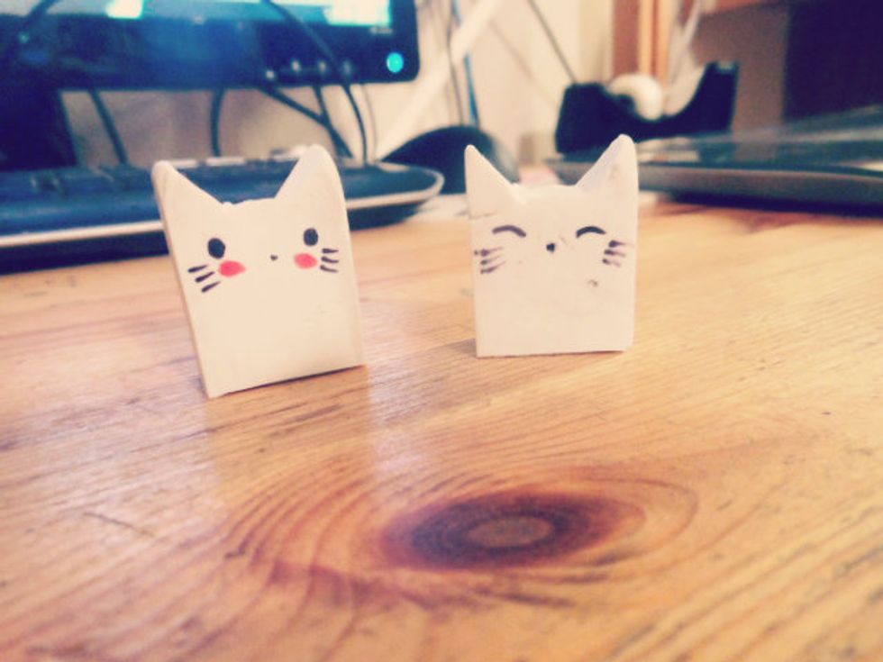 And your done! Here are my two kitty erasers I used the red marker for little blushy cheeks <3 Hope you like your new cute erasers!