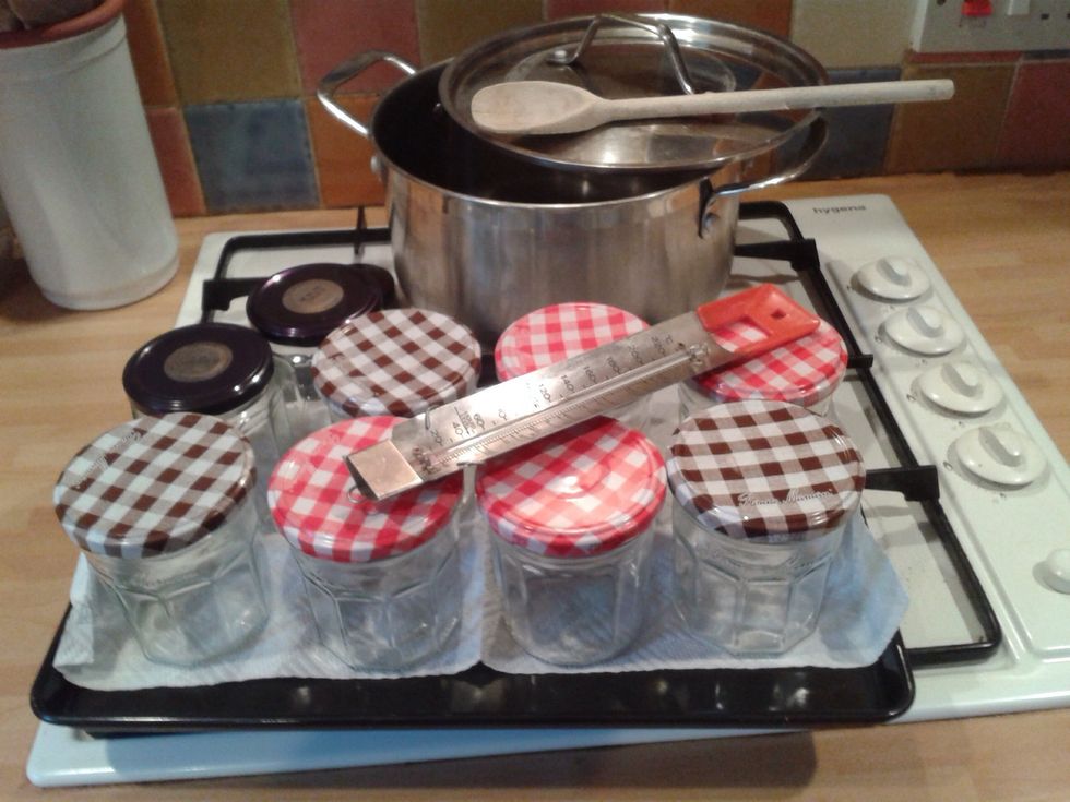 .......and your equipment - 7 jam jars & lids + spare, a large pan (about 5 litres +), a wooden spoon, a potato peeler, chopping board, sharp knife, ladle baking tray & thermometer.