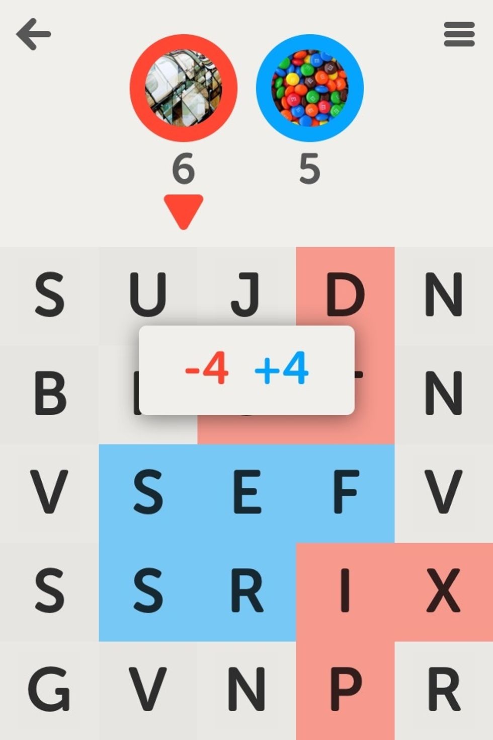 Another example game of points taken away when you use your opponent's tiles in words. I get four points from their tiles, and they lose those points. Be strategic.