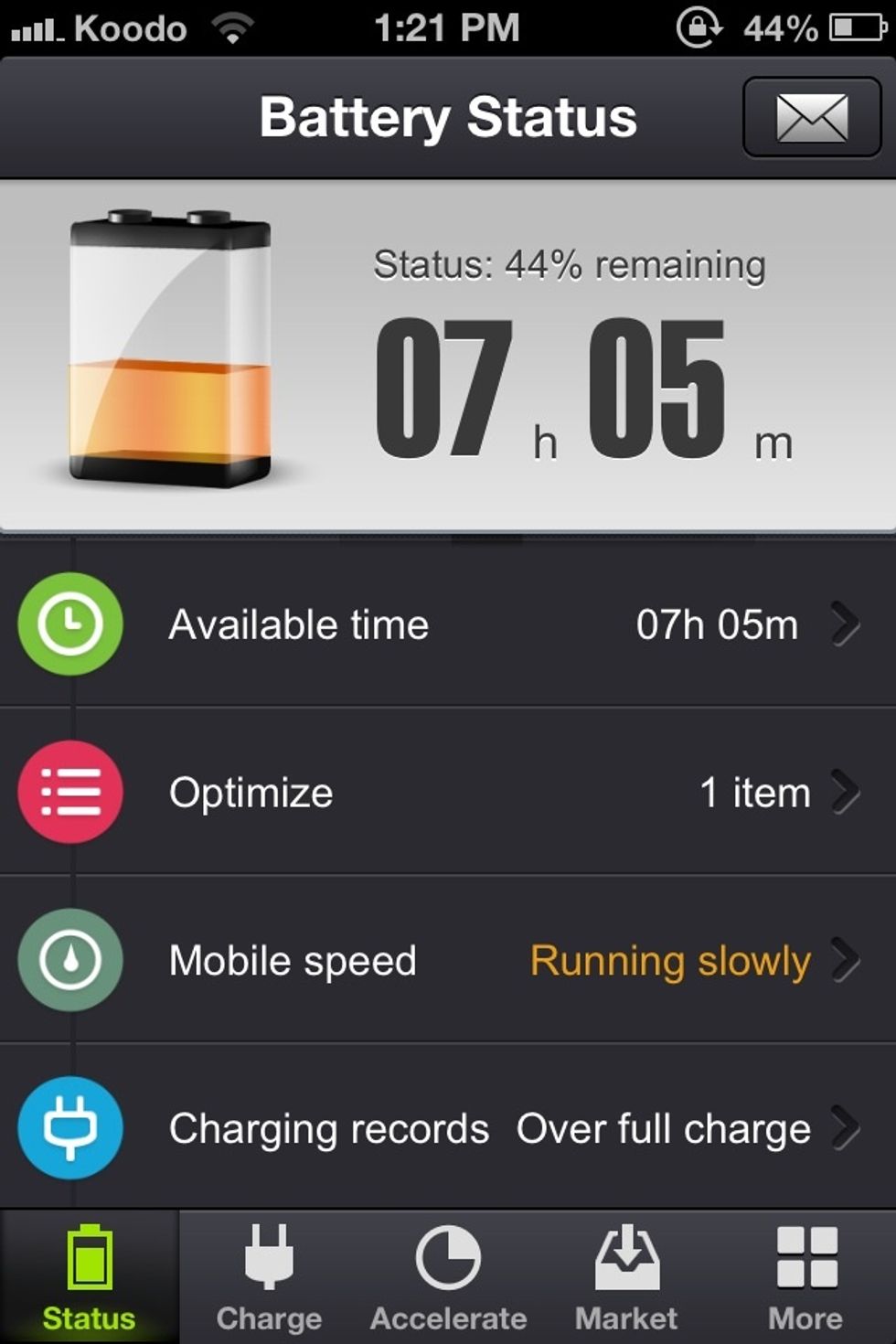 Another function of the app is that it shows your current battery status (all the apps that are running, and what you can change to optimize battery life)
