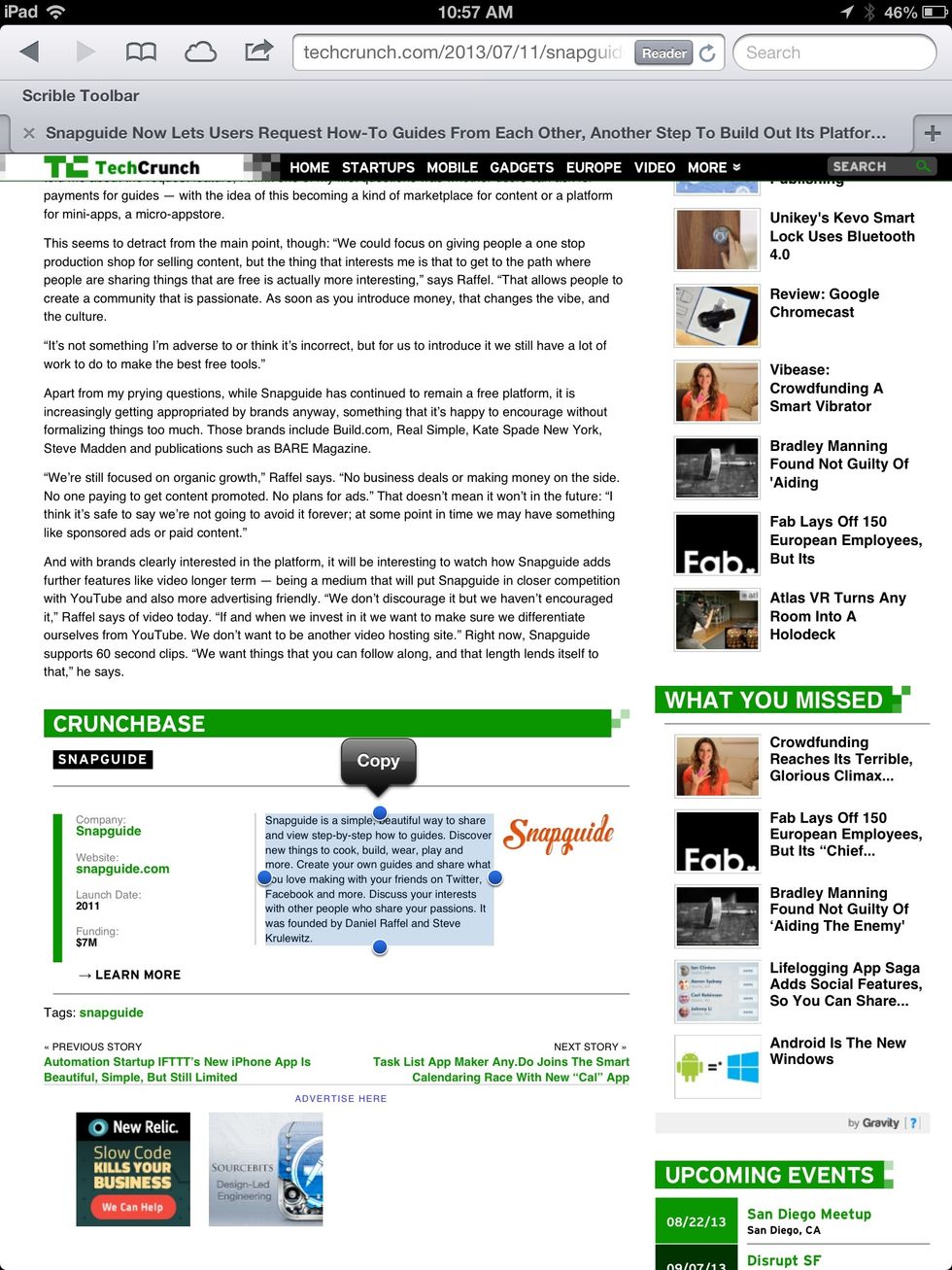 Another option is to paste text that you've copied from a website, poem, song, paragraph, etc. Here, you can see that I'm about to copy a short passage that I've found online at www.techcrunch.com.