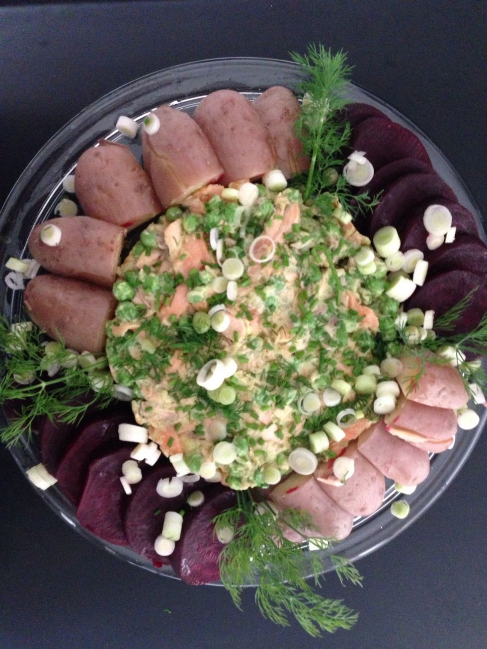 Another presentation . Flake salmon mix with avocado, mayonnaise, sweet peas put them in the middle of a flat serving dish and put potatoes and beet roots around garnish with the herbs and scalions