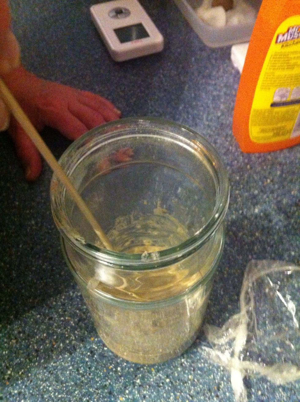 Another stir, this time with a wooden barbecue skewer. Try not to get the mixture up the side of the container.