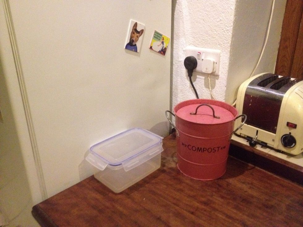 Any container will do. Make sure it fits your space and has a tight fitting lid