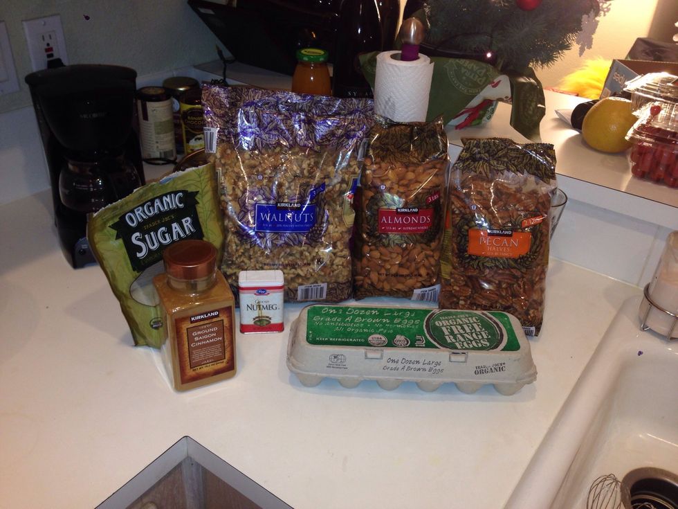 Any nuts work but pecans are awesome! The ratio for the recipe is 1 egg white to 1 cups of sugar to 1 teaspoon of cinnamon to 1/2 teaspoon of salt to 1/4 teaspoon of nutmeg to 4 cups of nuts.