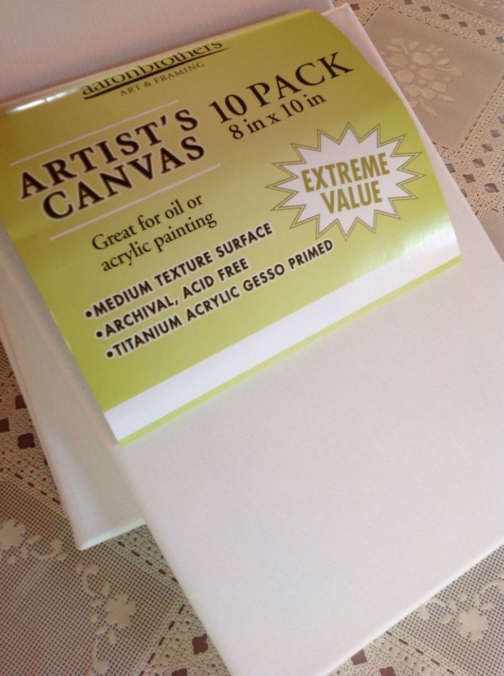 Any size artist canvas will work. I chose 8x10 which makes a nice tabletop size. This was a ten pack of I bought at Aaron Brothers, but most craft stores also sell canvas in a variety of sizes.