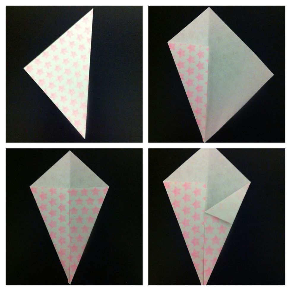 Any size square, 5 or 6 of them. Prettier when both sided are in color. Fold in 1/2 diagonally. Unfold bottom left to center crease. Repeat for right. Fold right tip down...
