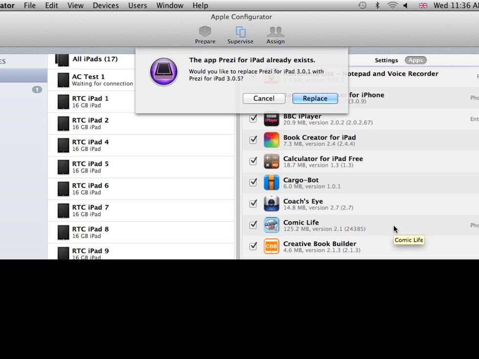Apple Configurator will prompt you that you are replacing the app - it will do this for every app you replace (and no, there is no 'Replace All' button!)