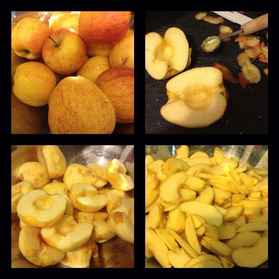 Apples! Wash, peel, slice and core apples. I used a melon baller to scoop out core. Slice the halves into thin pretty slices. I used a lot more apples than the recipe calls for.