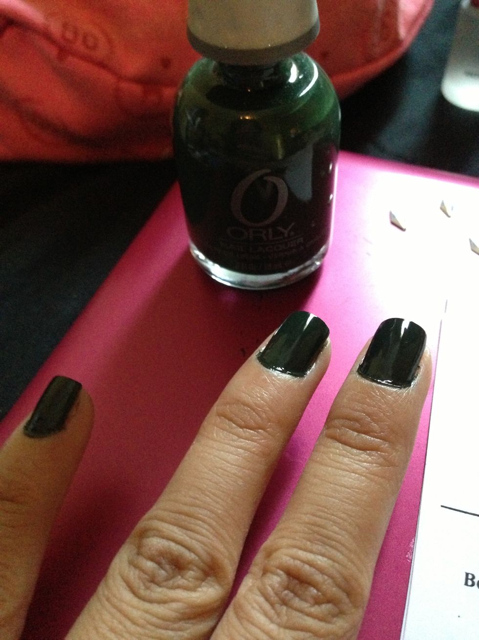 Apply 2 coats of any nail polish. I used Orly "enchanted forest" nail polish