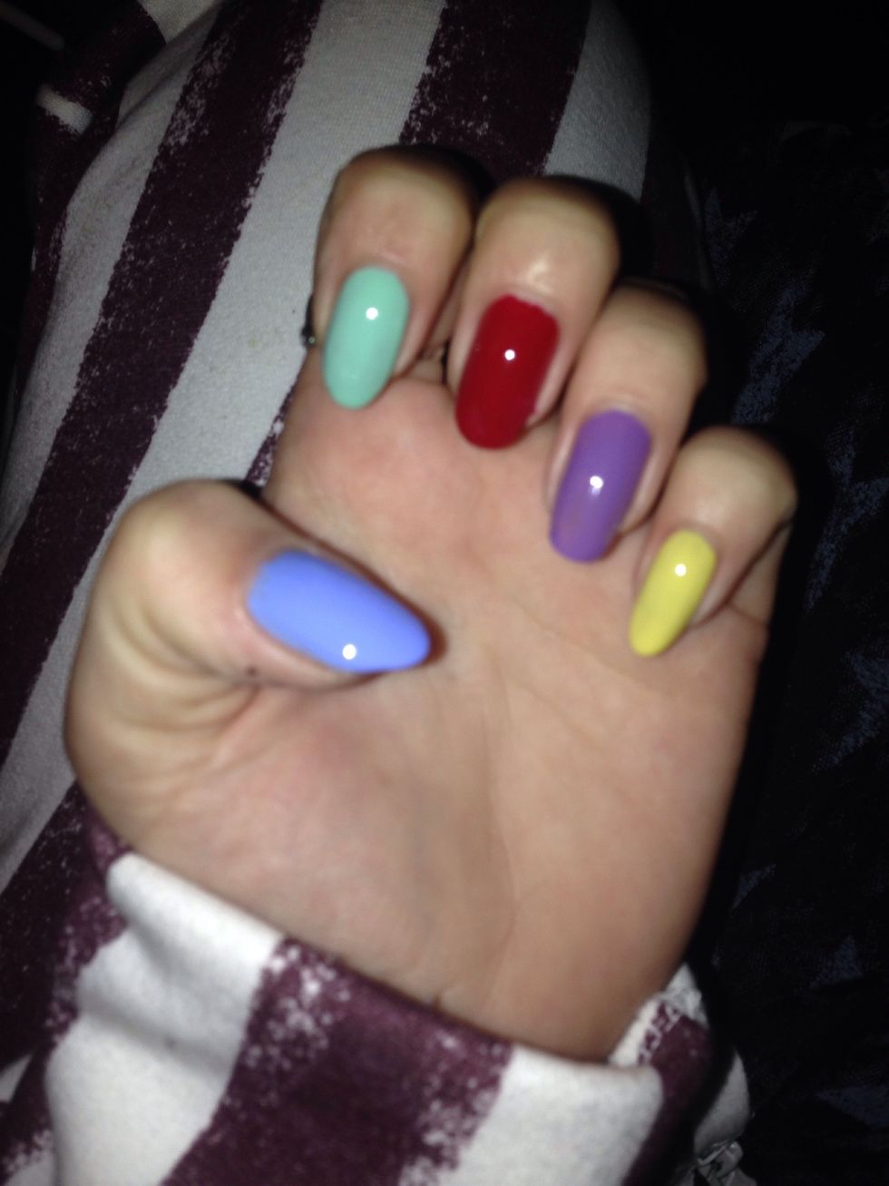 Apply a base coat to protect your nails form staining, then apply thin layers of nail varnish over your nails, any colours you choose is fine