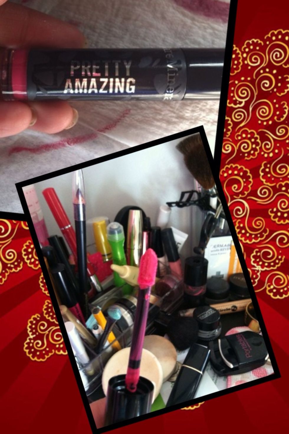 Apply a bright pink lipstick using your brush, in my case I applied a lipgloss that already has a brush for precise application by bare minerals.