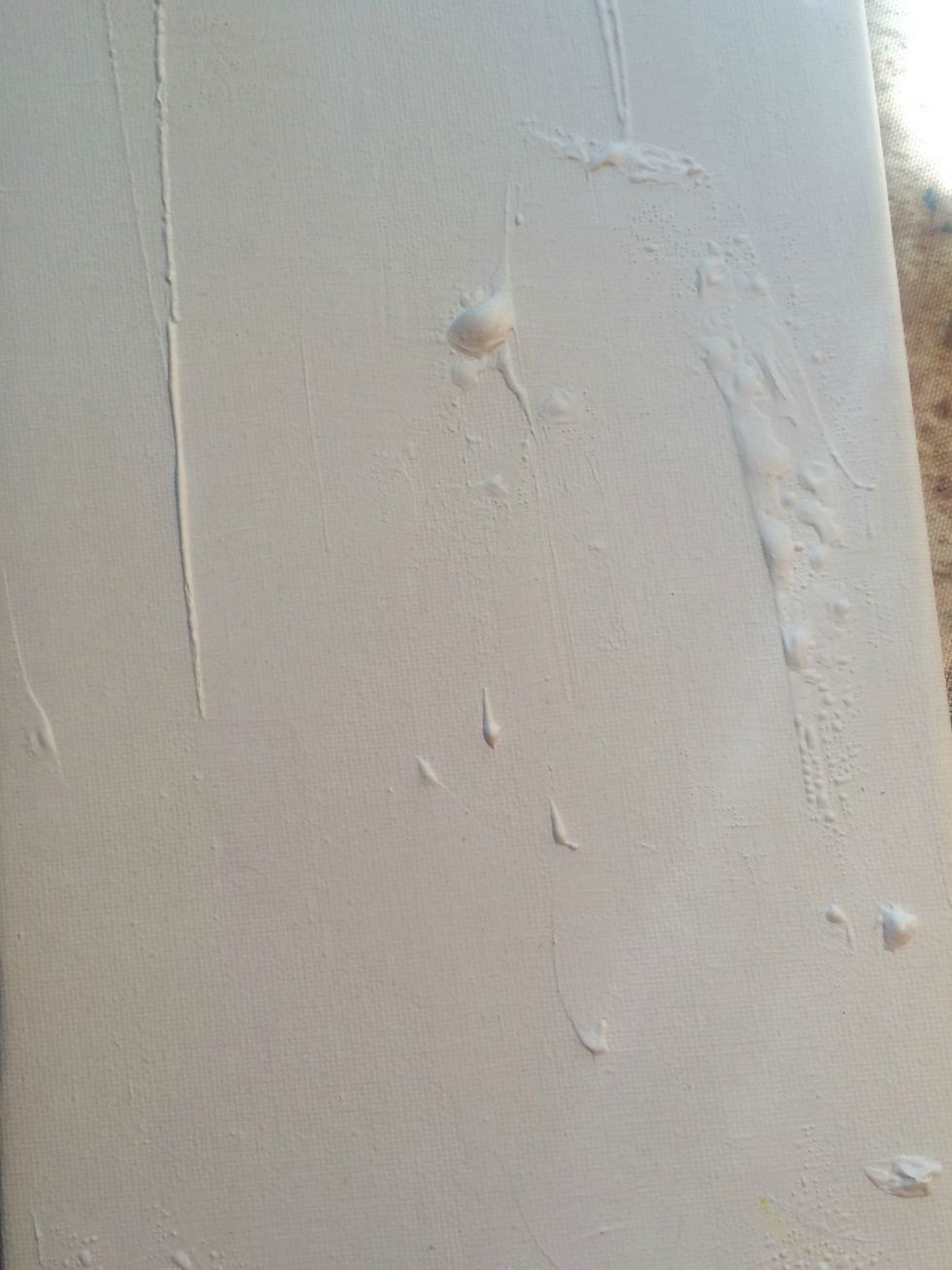 Apply a thick layer of Gesso to your canvas with a wide brush leaving some areas uncovered. Use your heat gun on the heavier spots to create texture. It will bubble up and dry this way.