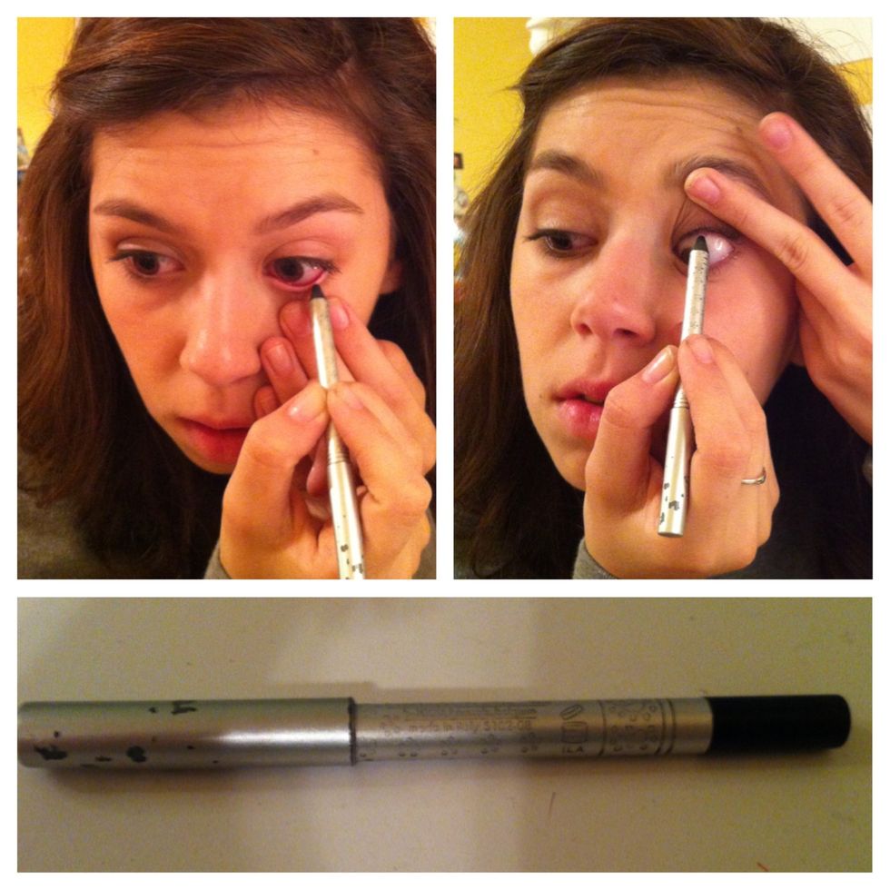 Apply a thin layer of black or brown eyeliner to your top or bottom waterline, by pulling your lower lid down and drawing a line on the flap of skin, do the same for the top but pull your lid upwards.