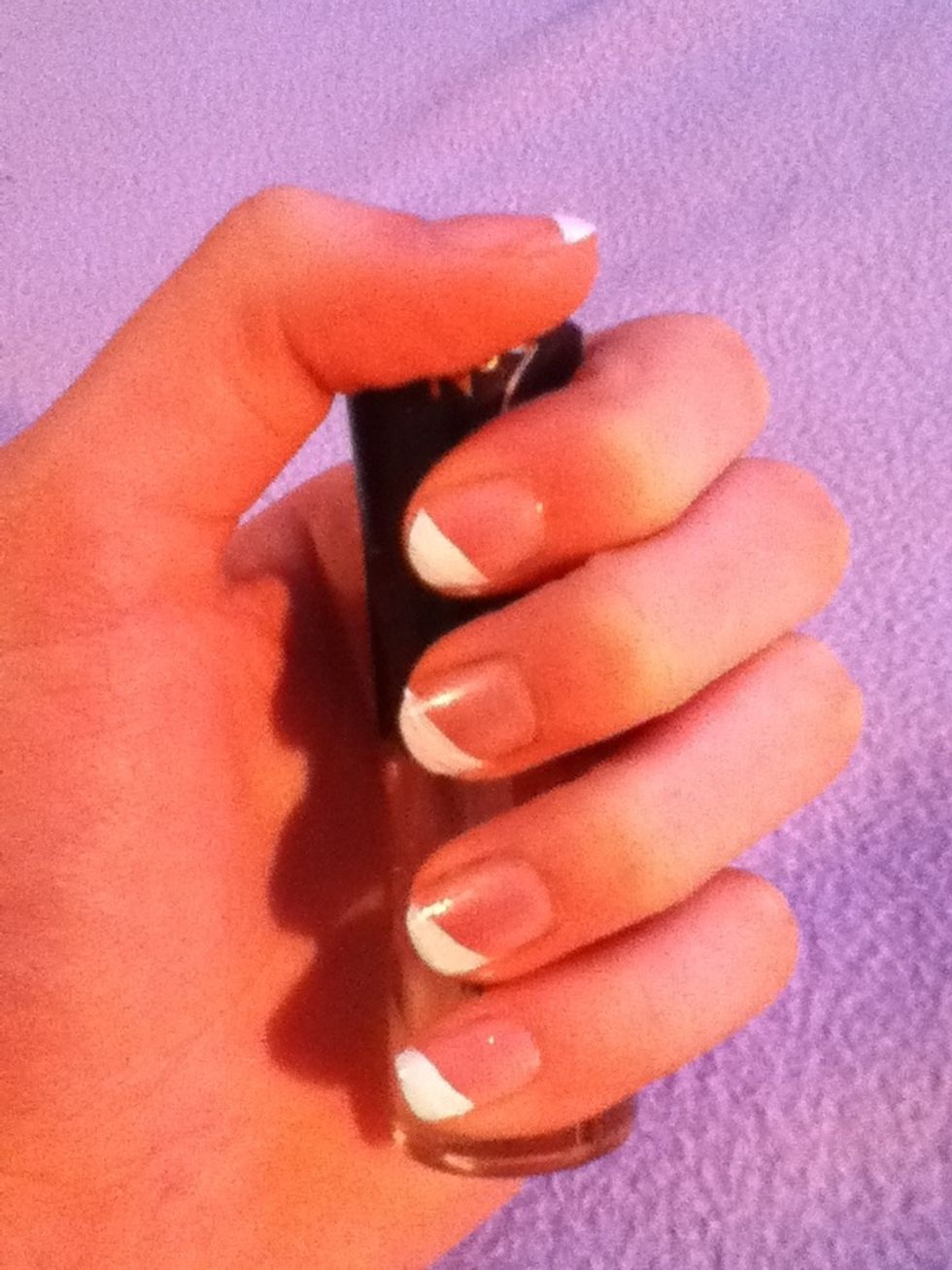 Apply a top coat and your done \ud83d\ude0a (As you can see, because my 2nd finger is too short I can't file it square so it doesn't look as good)