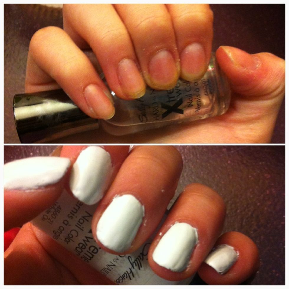 Apply base coat to clean clear nails, then apply white (1-2 coats)