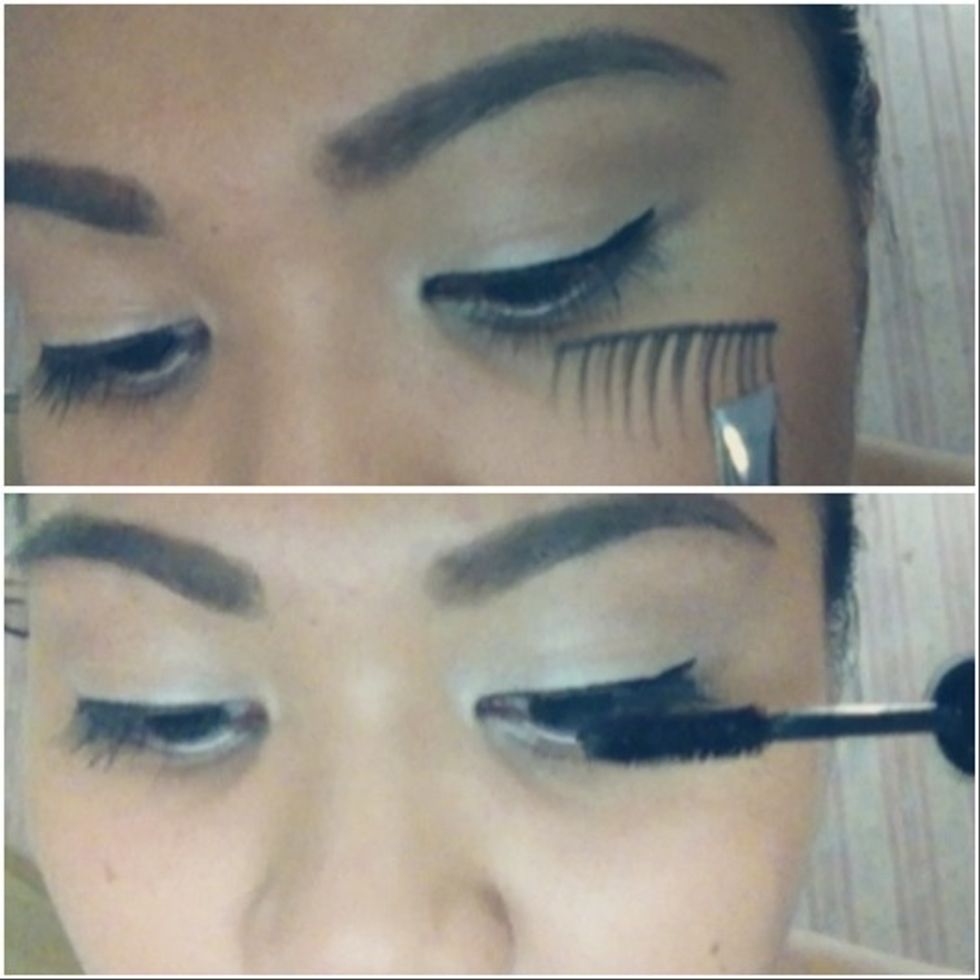 Apply falsies. Curl lashes to join falsies and your natural lashes and apply mascara.