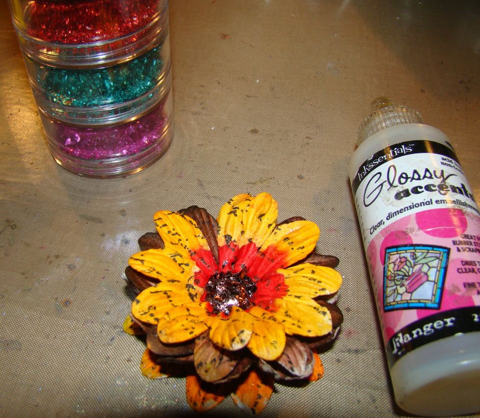 Apply German Glass Glitter with Glossy Accents for the centers. You can also use, button, seed beads etc.