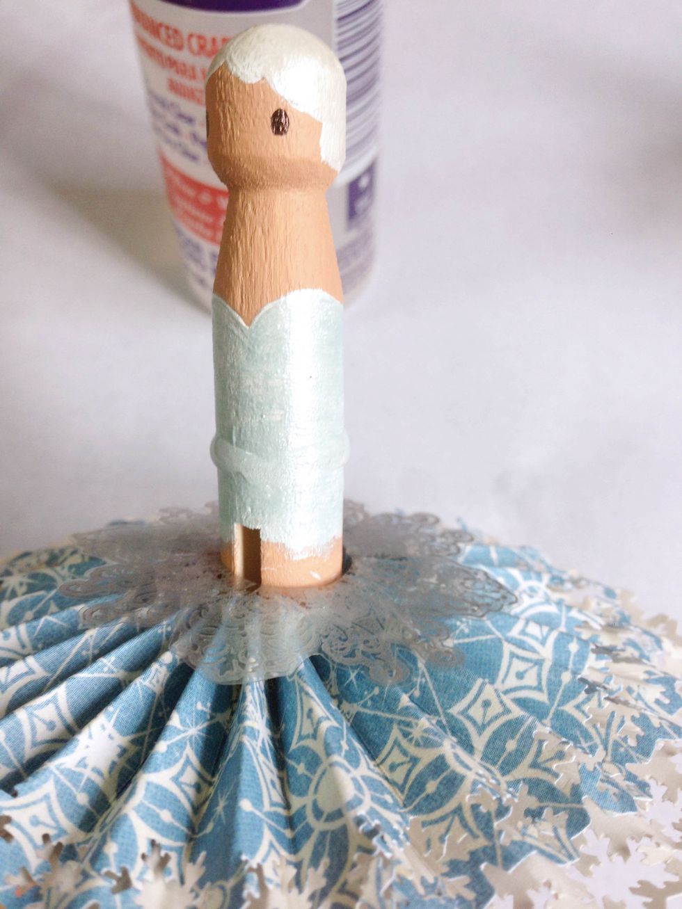 Apply glue around the waist of the dolly peg and insert the rosette skirt from bottom up... And you're done!!!