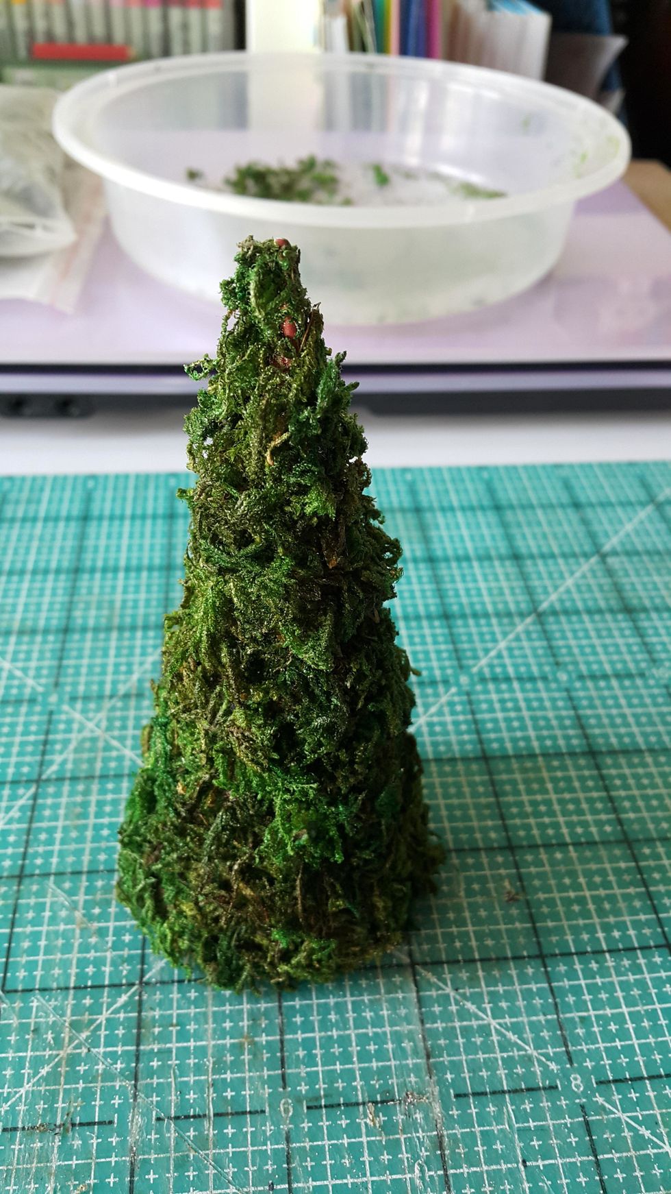 Apply glue on the tree and put the dry decorative grass on, for this winter theme, spread on glitter snow paste and a few bow to match